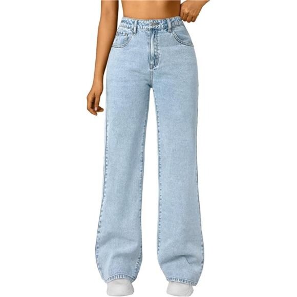 Women Wide Straight Leg High Waisted Jeans Light Blue - Picture 1 of 5